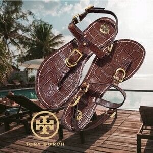 Tory Burch Gold and Brown Sandals with Signature Logo
